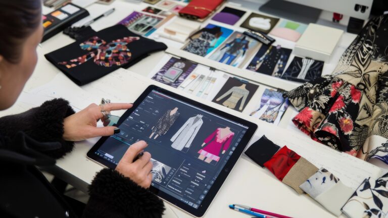 Creative fashion designer developing clothing designs on tablet for innovative projects